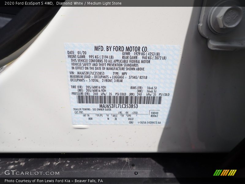 Diamond White / Medium Light Stone 2020 Ford EcoSport S 4WD