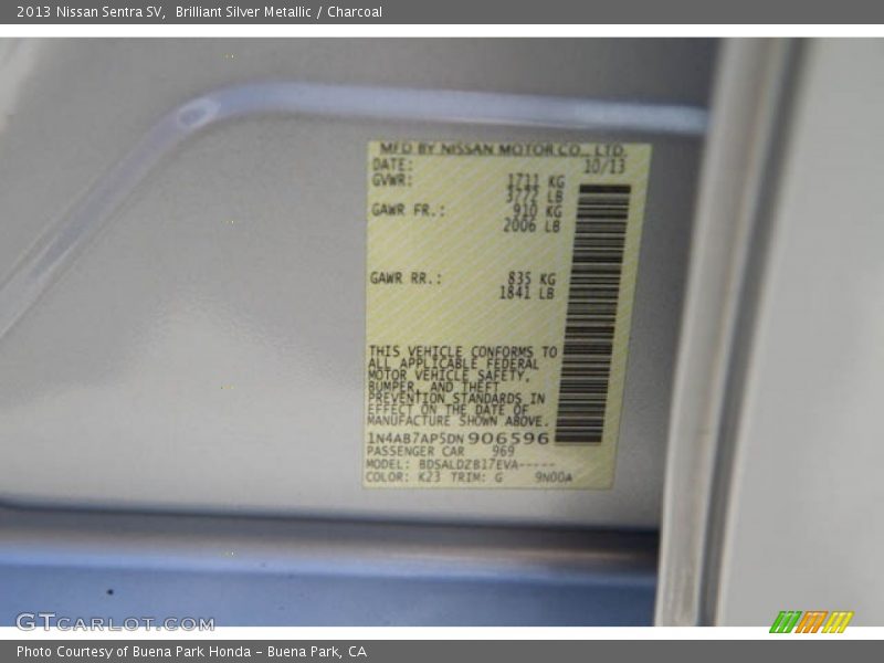 2013 Sentra SV Brilliant Silver Metallic Color Code K23
