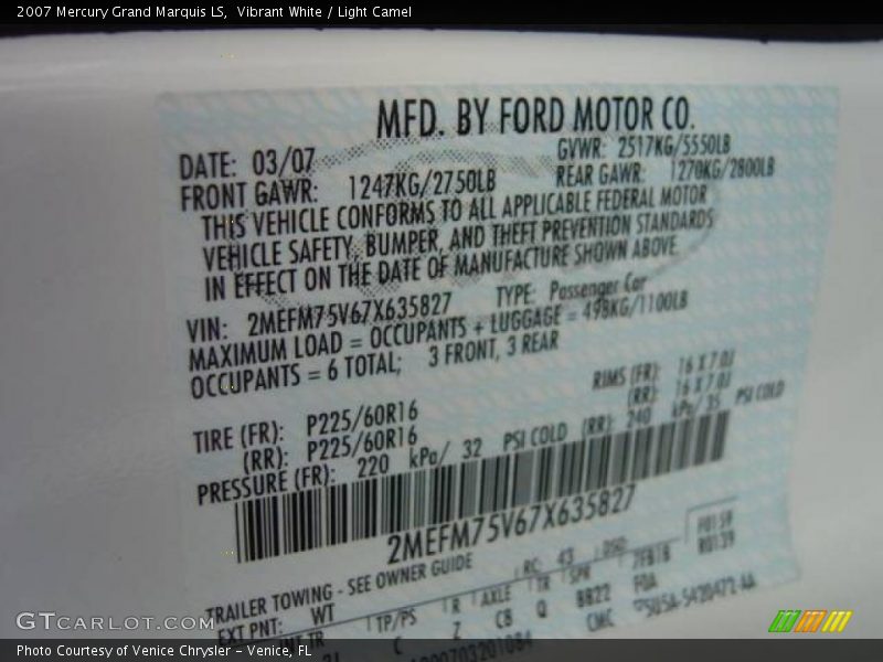 Vibrant White / Light Camel 2007 Mercury Grand Marquis LS