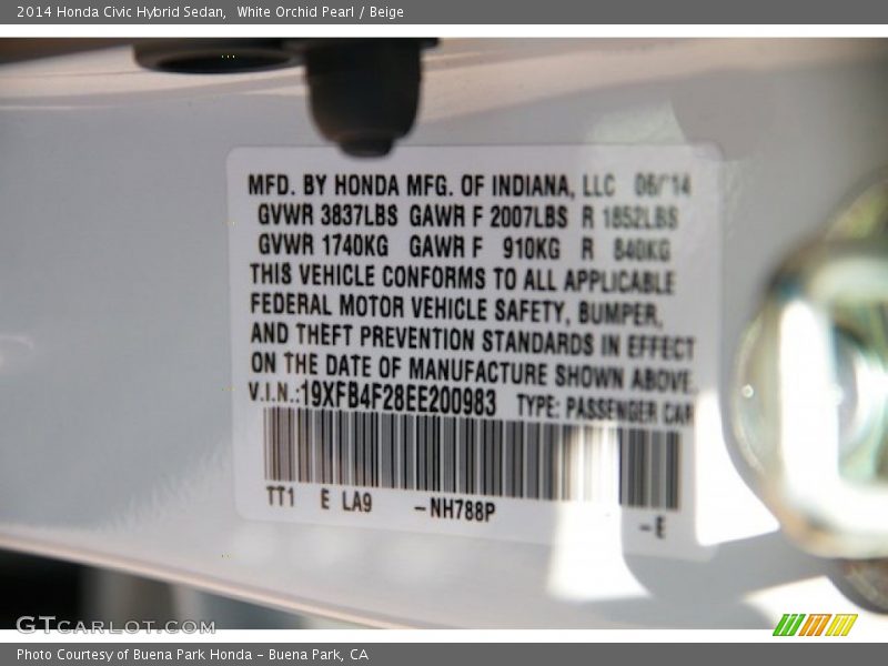 2014 Civic Hybrid Sedan White Orchid Pearl Color Code NH788P