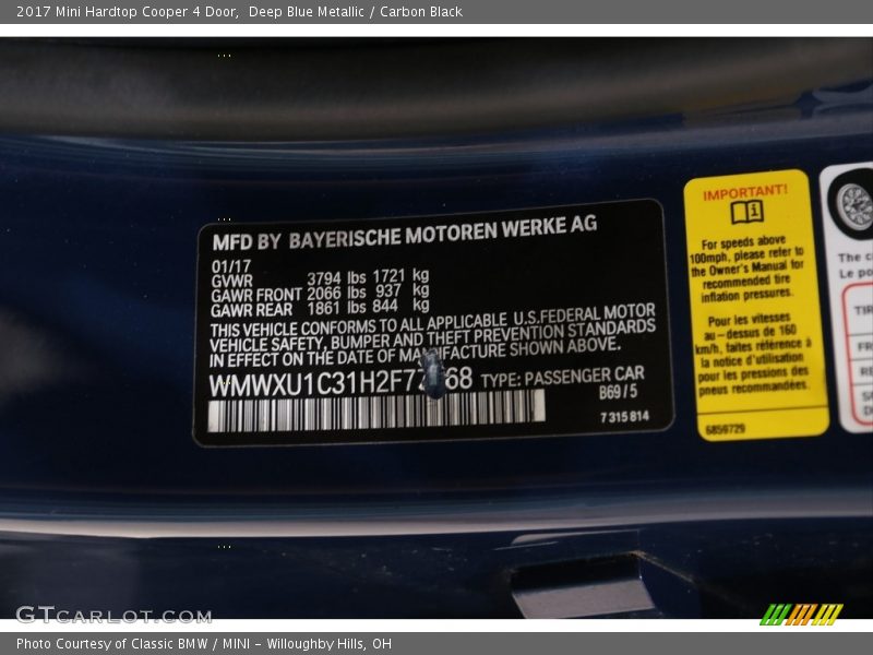 Deep Blue Metallic / Carbon Black 2017 Mini Hardtop Cooper 4 Door