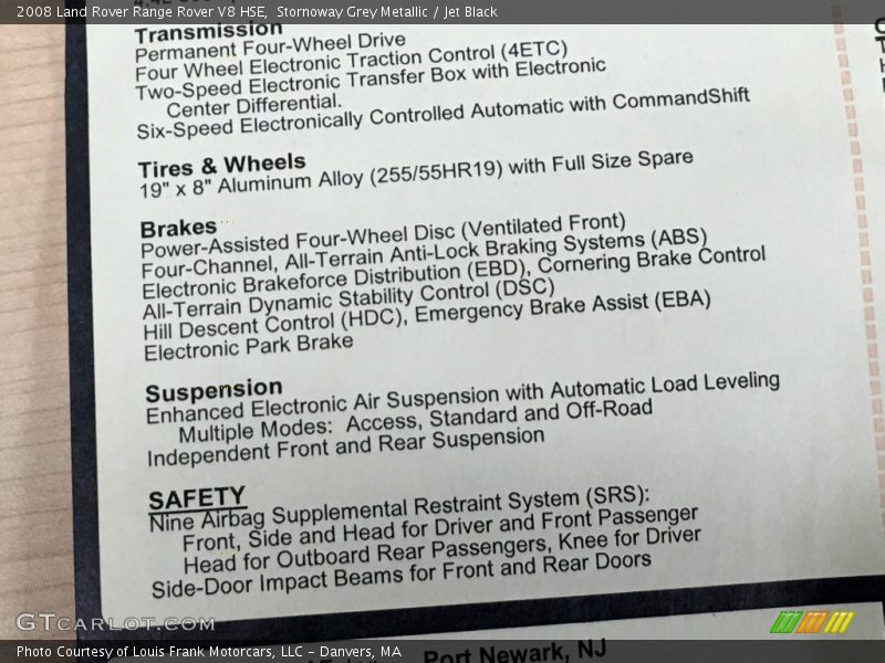  2008 Range Rover V8 HSE Window Sticker