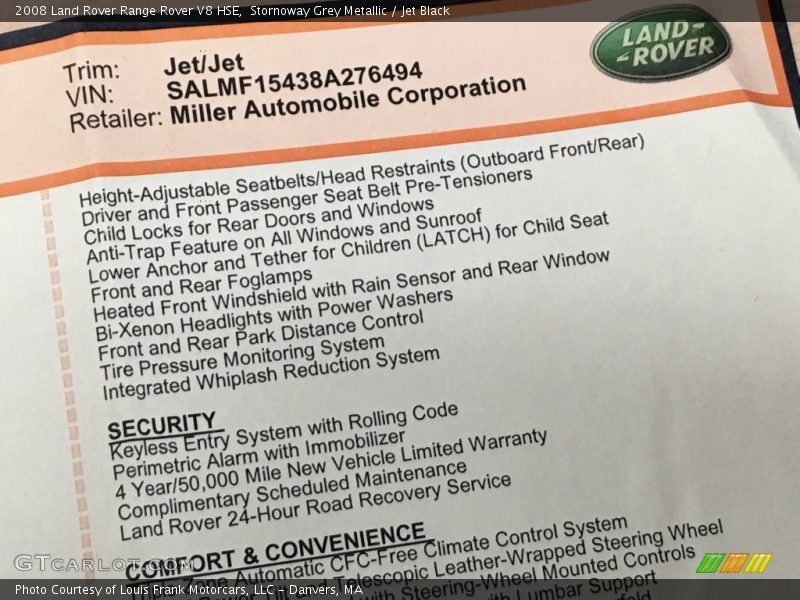  2008 Range Rover V8 HSE Window Sticker