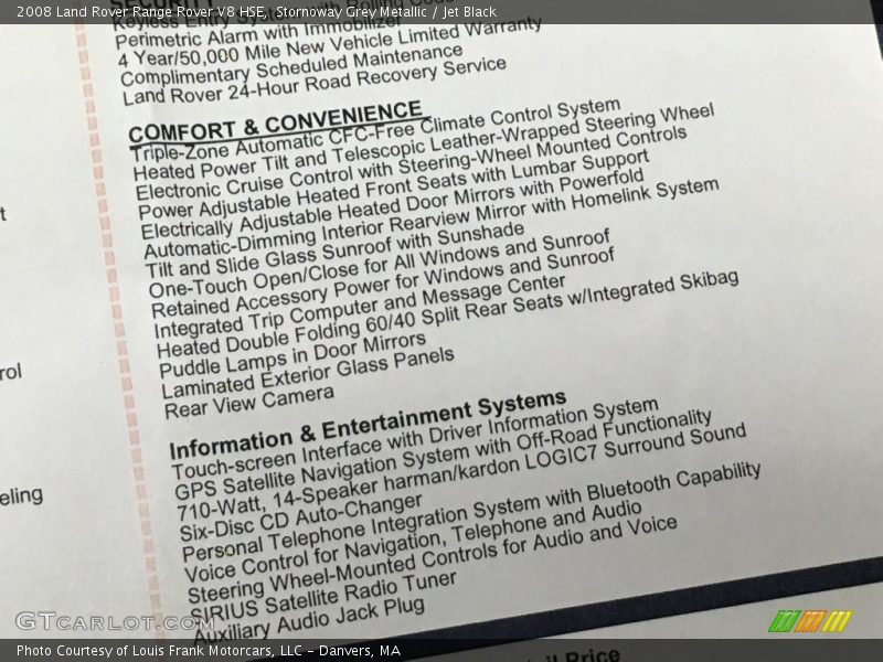  2008 Range Rover V8 HSE Window Sticker