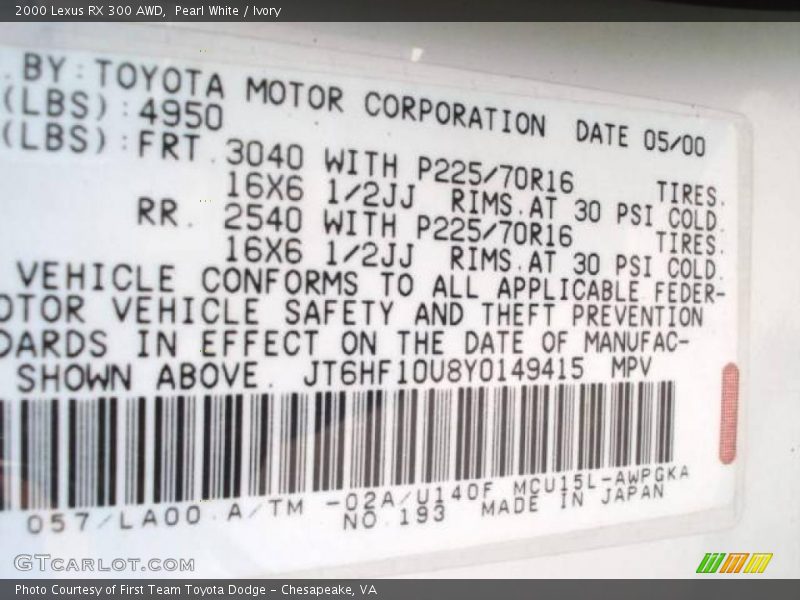 Pearl White / Ivory 2000 Lexus RX 300 AWD