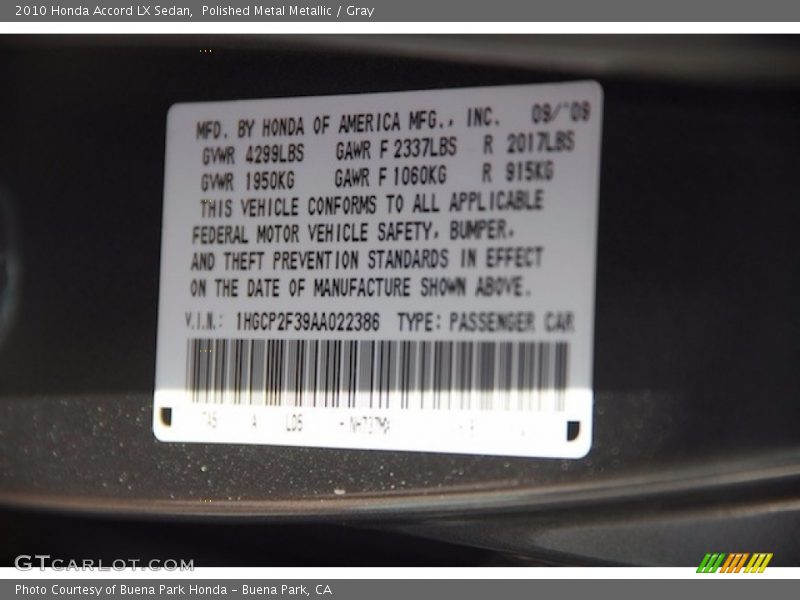 Polished Metal Metallic / Gray 2010 Honda Accord LX Sedan