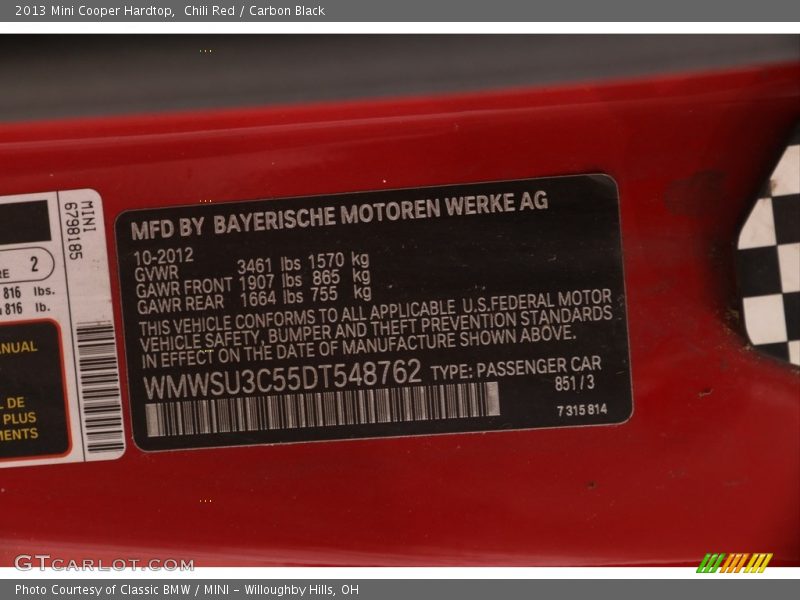 Chili Red / Carbon Black 2013 Mini Cooper Hardtop
