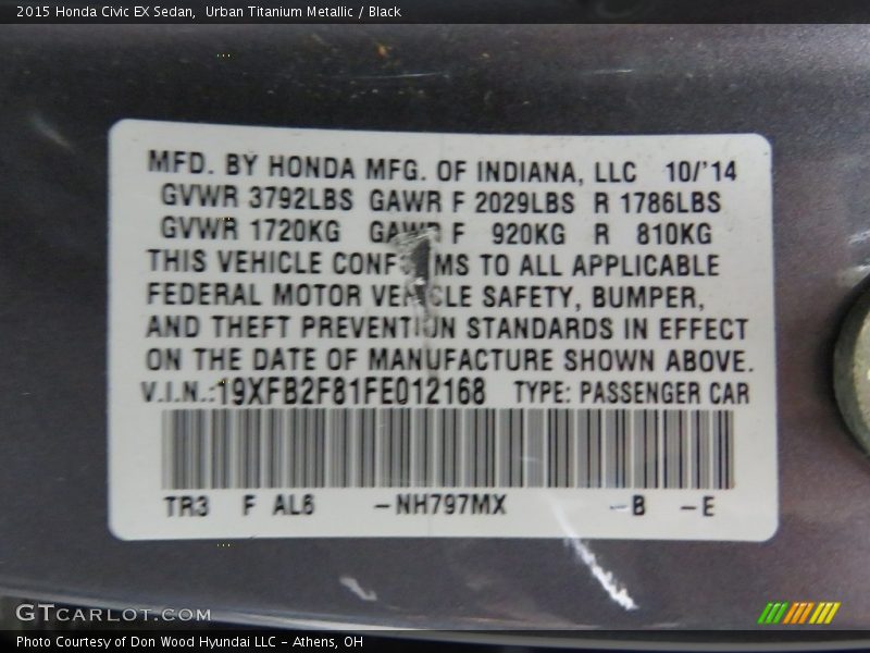 Urban Titanium Metallic / Black 2015 Honda Civic EX Sedan