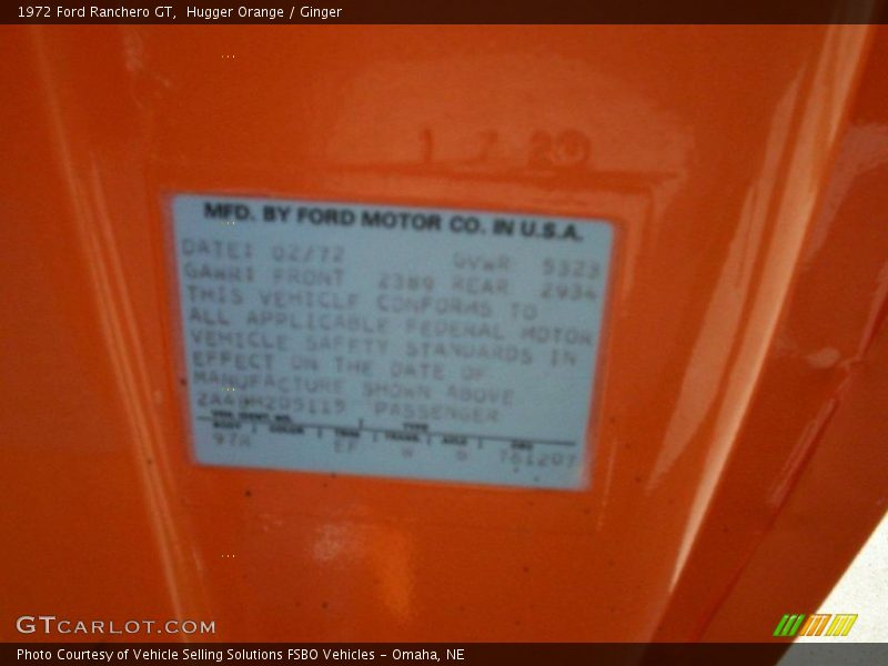 Info Tag of 1972 Ranchero GT