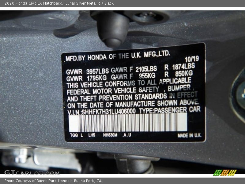 Lunar Silver Metallic / Black 2020 Honda Civic LX Hatchback