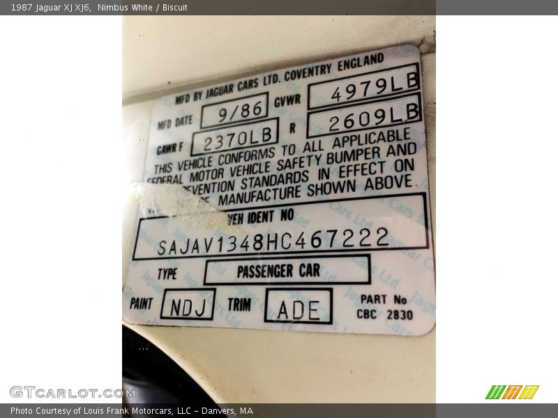 1987 XJ XJ6 Nimbus White Color Code NDJ