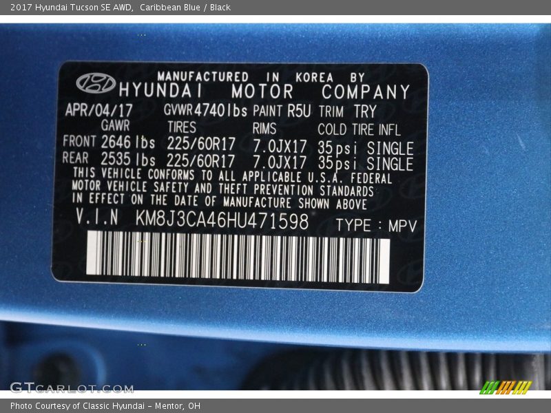 Caribbean Blue / Black 2017 Hyundai Tucson SE AWD