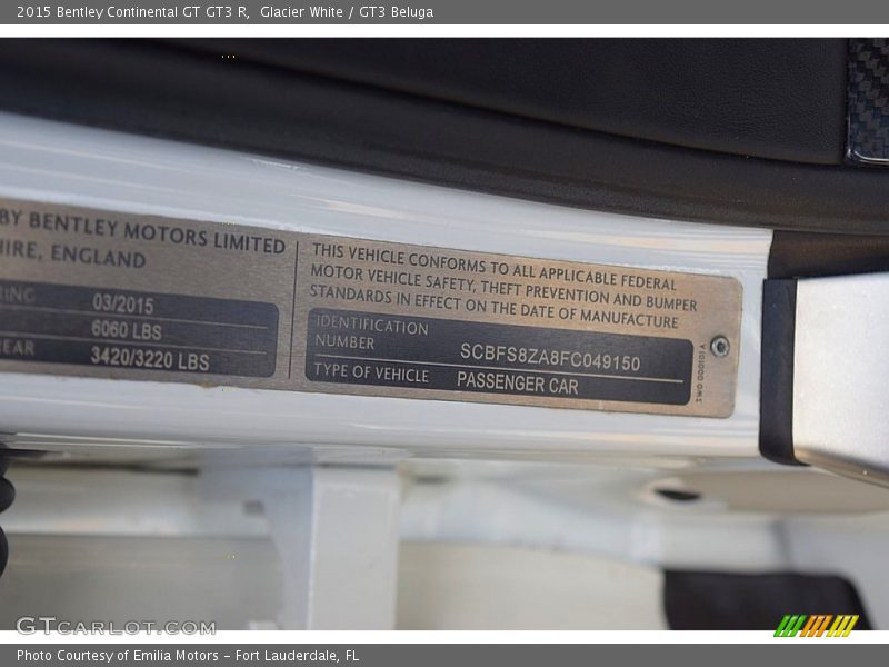 Info Tag of 2015 Continental GT GT3 R