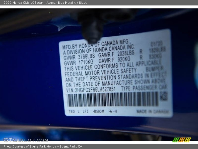 Aegean Blue Metallic / Black 2020 Honda Civic LX Sedan