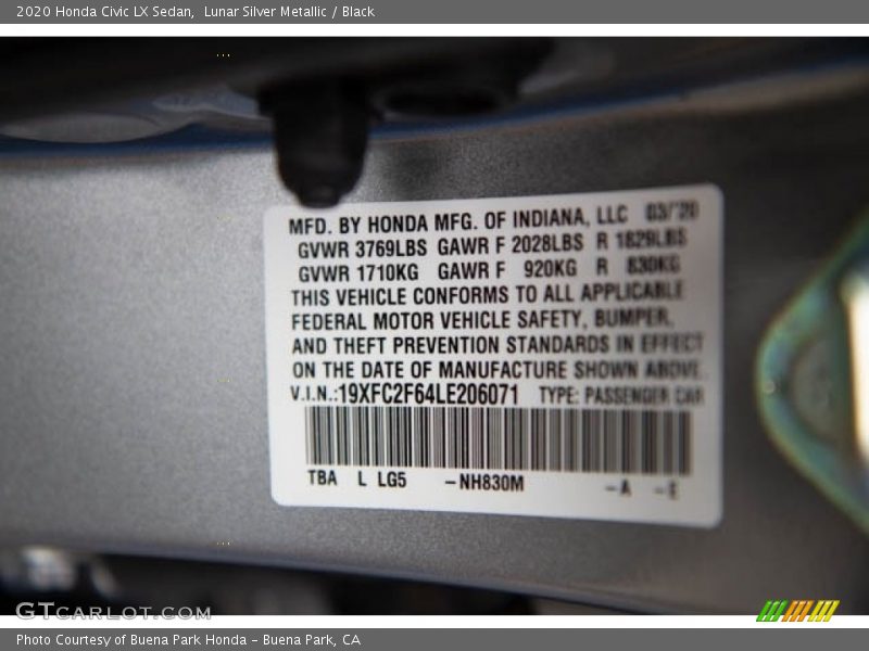 Lunar Silver Metallic / Black 2020 Honda Civic LX Sedan