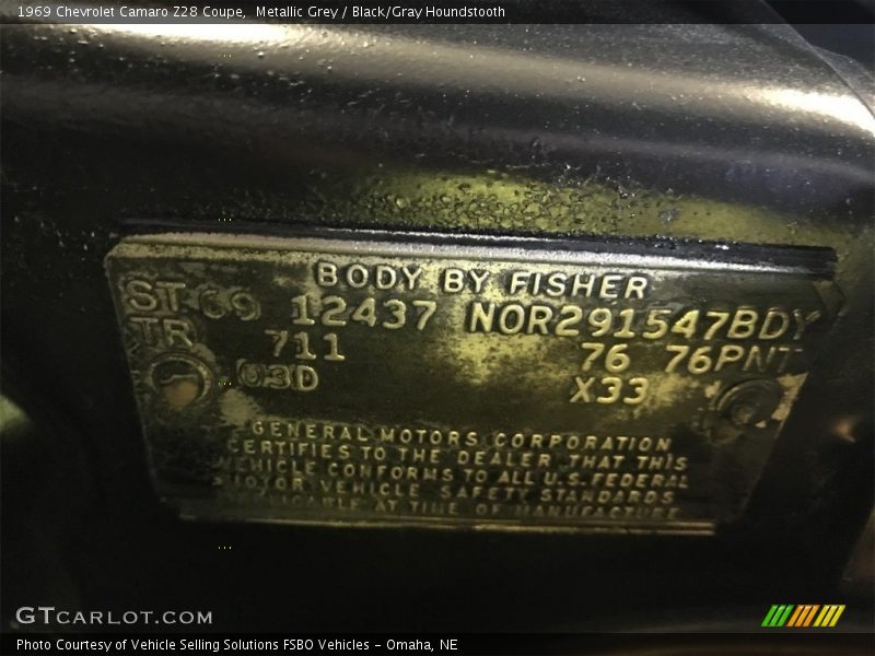 Info Tag of 1969 Camaro Z28 Coupe