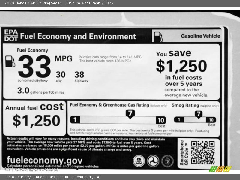 Platinum White Pearl / Black 2020 Honda Civic Touring Sedan