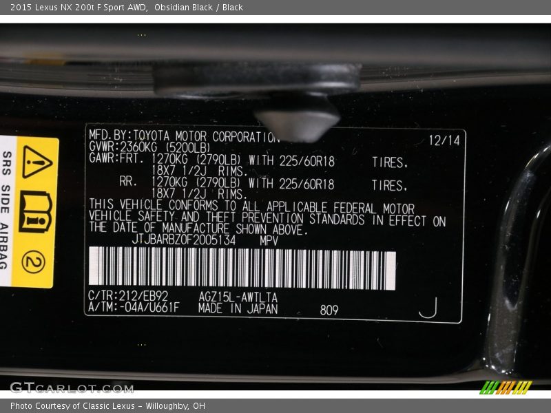 2015 NX 200t F Sport AWD Obsidian Black Color Code 212