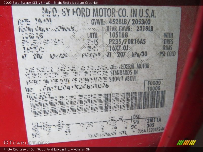 Bright Red / Medium Graphite 2002 Ford Escape XLT V6 4WD