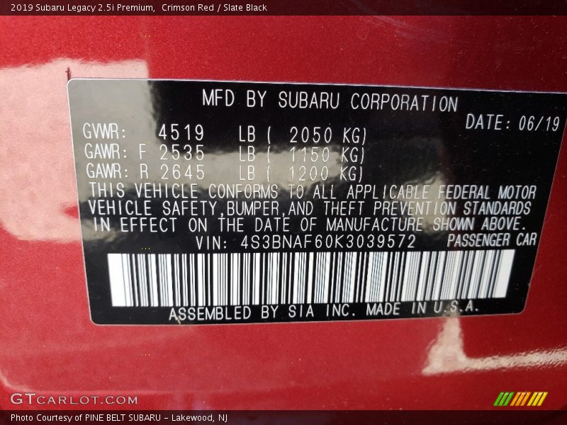 Crimson Red / Slate Black 2019 Subaru Legacy 2.5i Premium