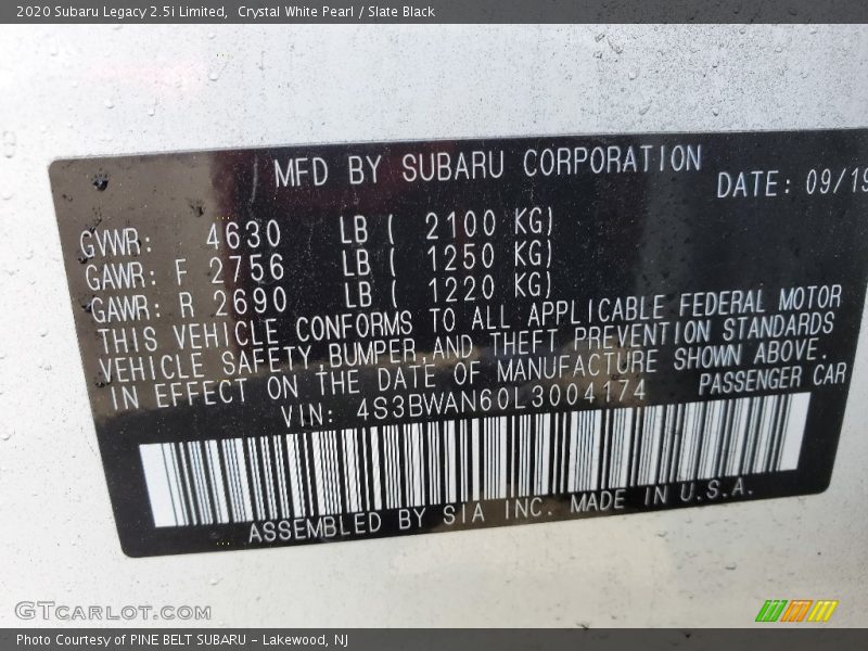 Crystal White Pearl / Slate Black 2020 Subaru Legacy 2.5i Limited
