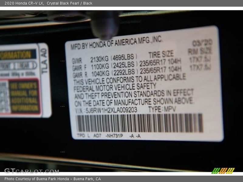 Crystal Black Pearl / Black 2020 Honda CR-V LX