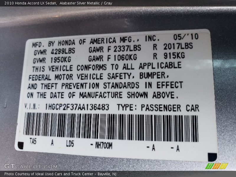 Alabaster Silver Metallic / Gray 2010 Honda Accord LX Sedan