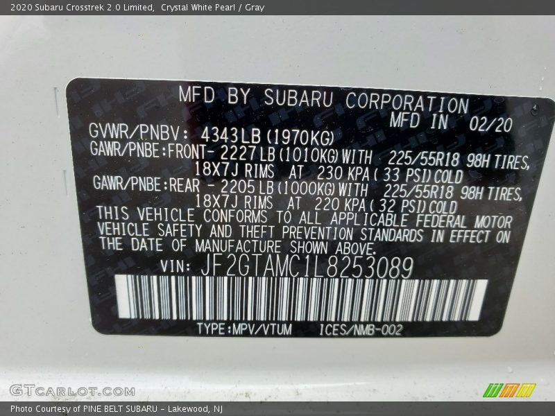 Crystal White Pearl / Gray 2020 Subaru Crosstrek 2.0 Limited
