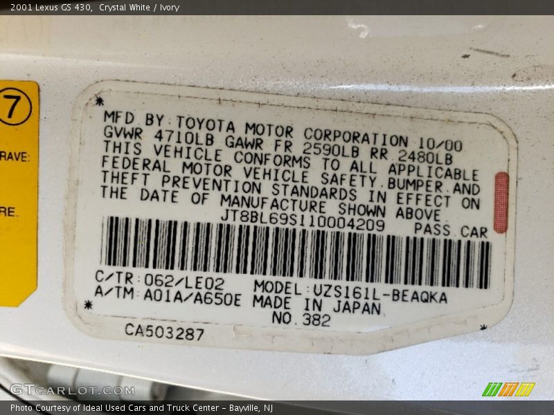 2001 GS 430 Crystal White Color Code 062