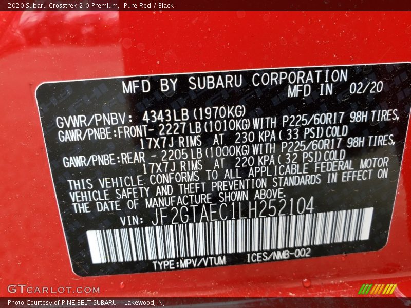 Pure Red / Black 2020 Subaru Crosstrek 2.0 Premium