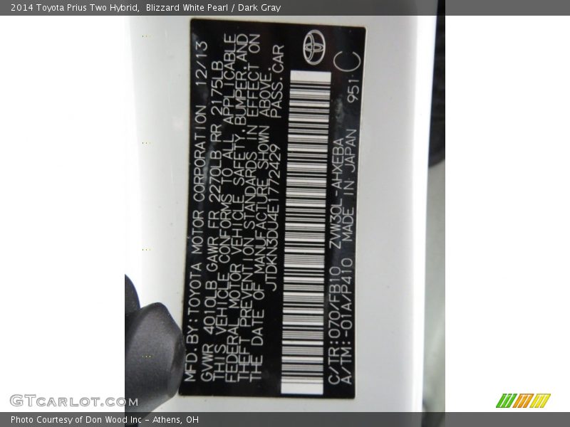 Blizzard White Pearl / Dark Gray 2014 Toyota Prius Two Hybrid