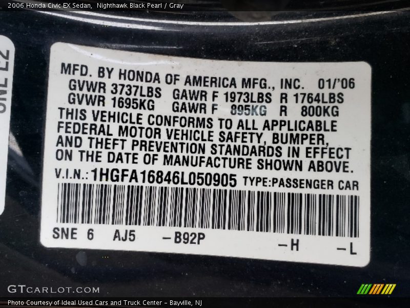 Nighthawk Black Pearl / Gray 2006 Honda Civic EX Sedan