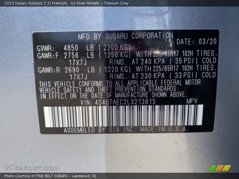 Ice Silver Metallic / Titanium Gray 2020 Subaru Outback 2.5i Premium