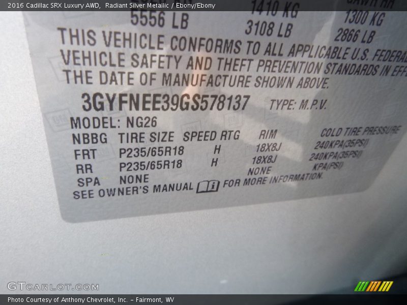 Radiant Silver Metallic / Ebony/Ebony 2016 Cadillac SRX Luxury AWD