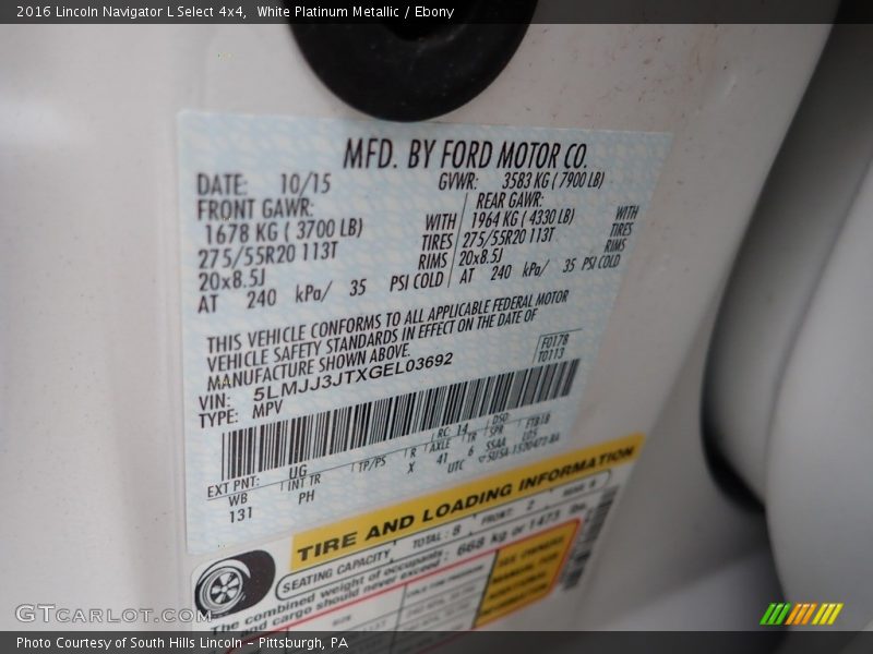 2016 Navigator L Select 4x4 White Platinum Metallic Color Code UG