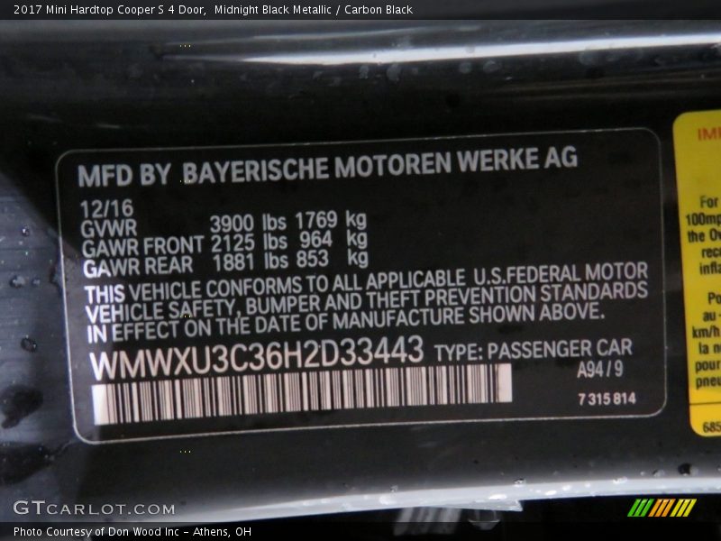 Midnight Black Metallic / Carbon Black 2017 Mini Hardtop Cooper S 4 Door