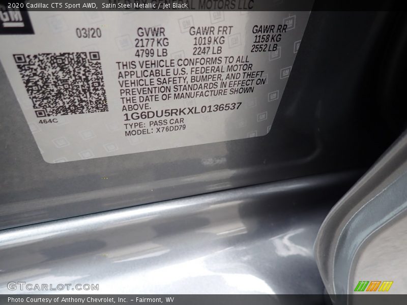 Satin Steel Metallic / Jet Black 2020 Cadillac CT5 Sport AWD