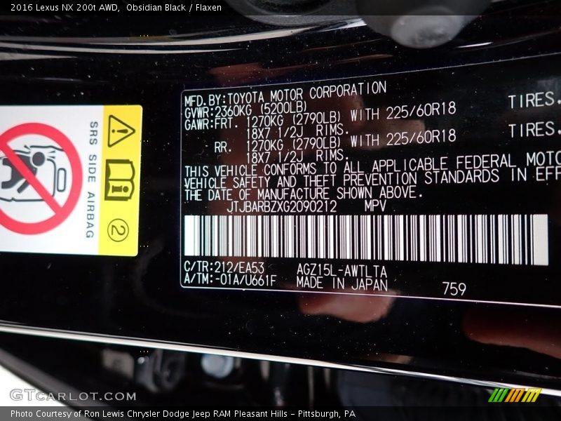 2016 NX 200t AWD Obsidian Black Color Code 212