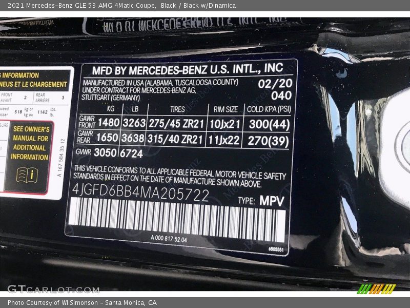 2021 GLE 53 AMG 4Matic Coupe Black Color Code 040