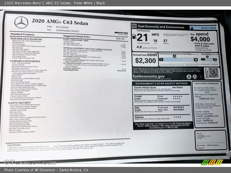 Polar White / Black 2020 Mercedes-Benz C AMG 63 Sedan
