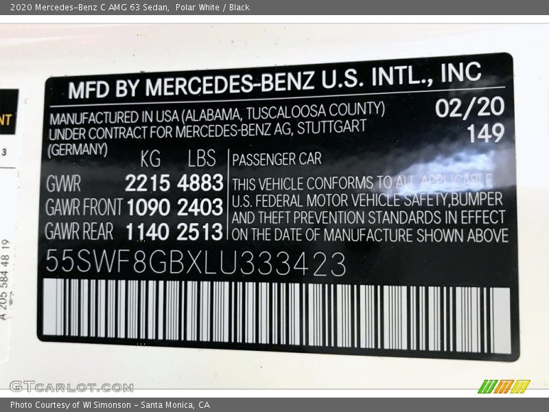 Polar White / Black 2020 Mercedes-Benz C AMG 63 Sedan