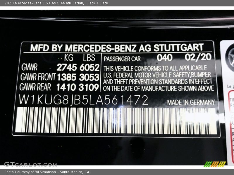 2020 S 63 AMG 4Matic Sedan Black Color Code 040