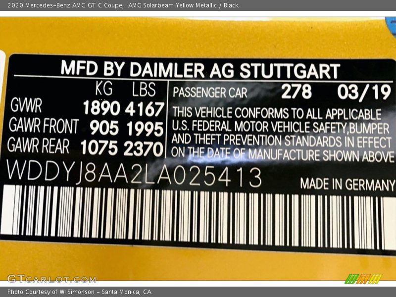 2020 AMG GT C Coupe AMG Solarbeam Yellow Metallic Color Code 278