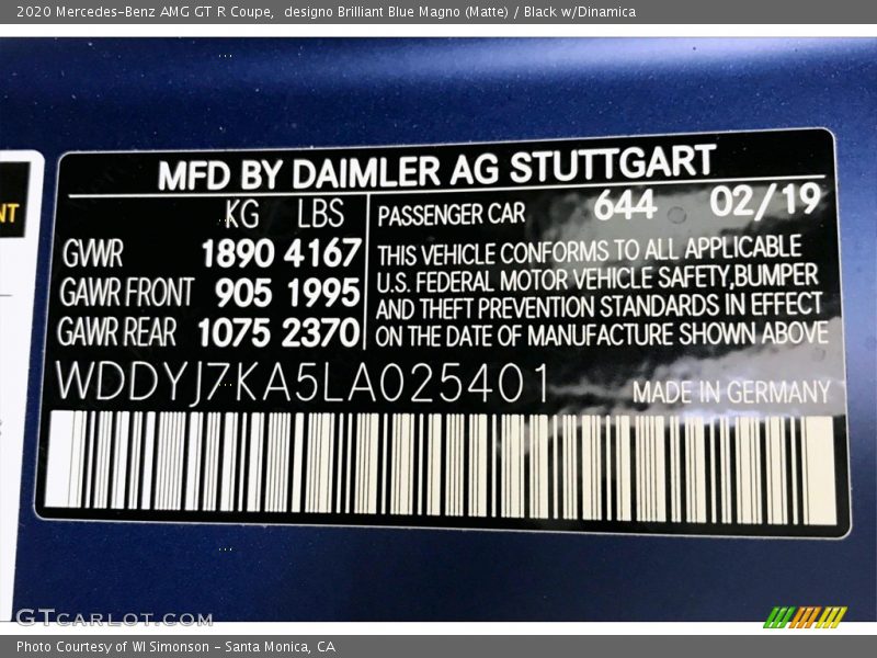 2020 AMG GT R Coupe designo Brilliant Blue Magno (Matte) Color Code 644