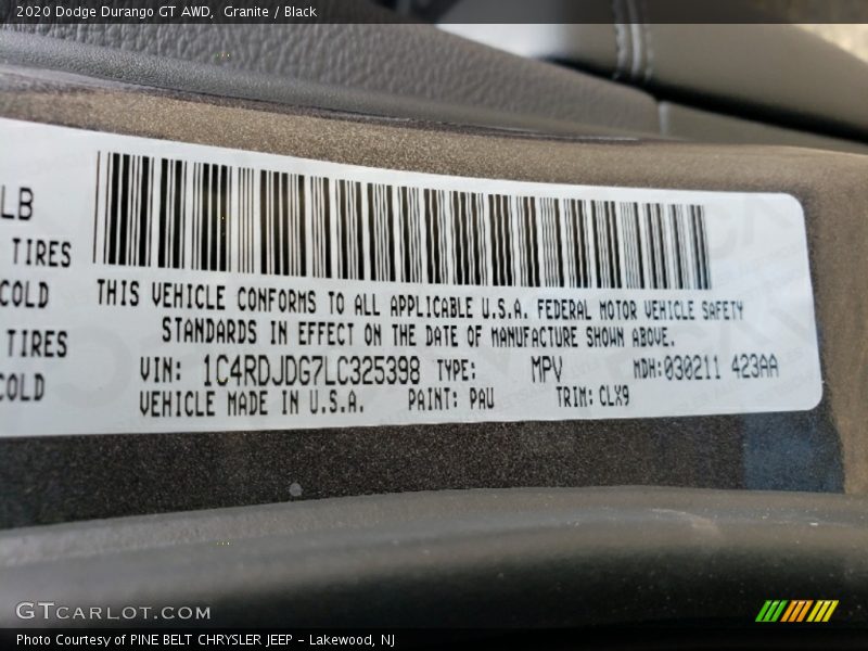 Granite / Black 2020 Dodge Durango GT AWD