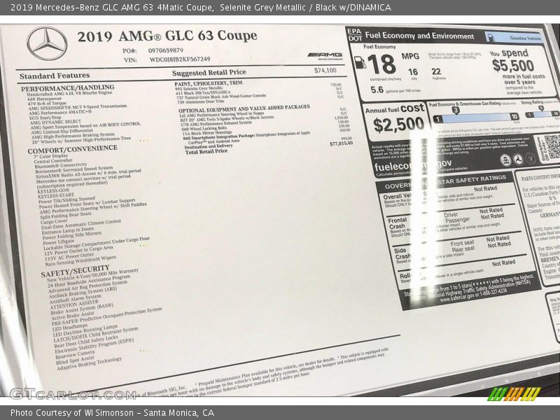  2019 GLC AMG 63 4Matic Coupe Window Sticker