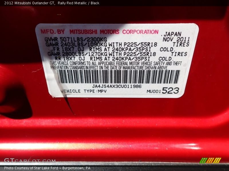 Rally Red Metallic / Black 2012 Mitsubishi Outlander GT