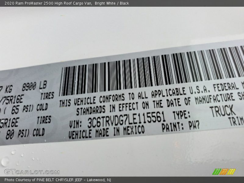 2020 ProMaster 2500 High Roof Cargo Van Bright White Color Code PW7