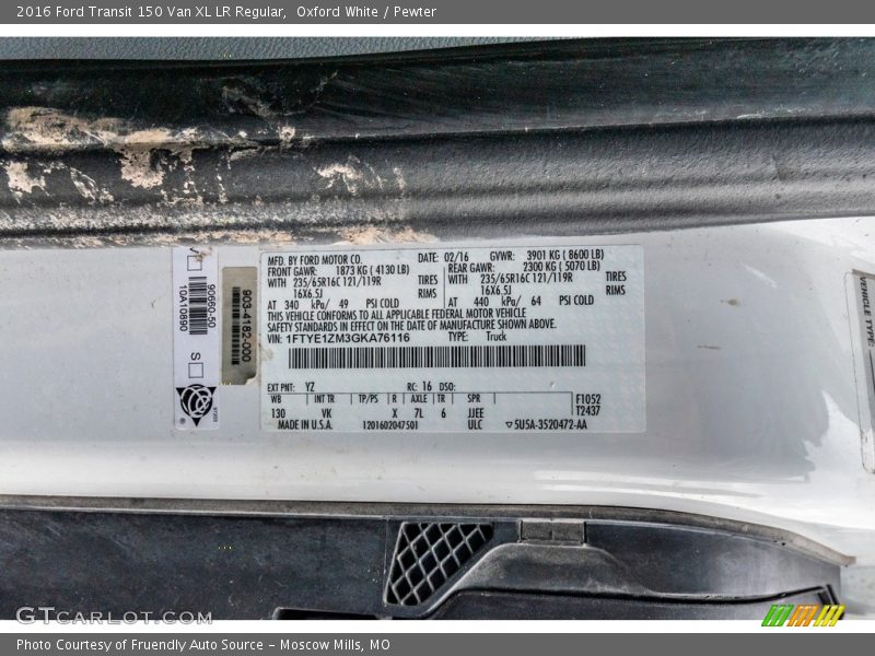 2016 Transit 150 Van XL LR Regular Oxford White Color Code YZ