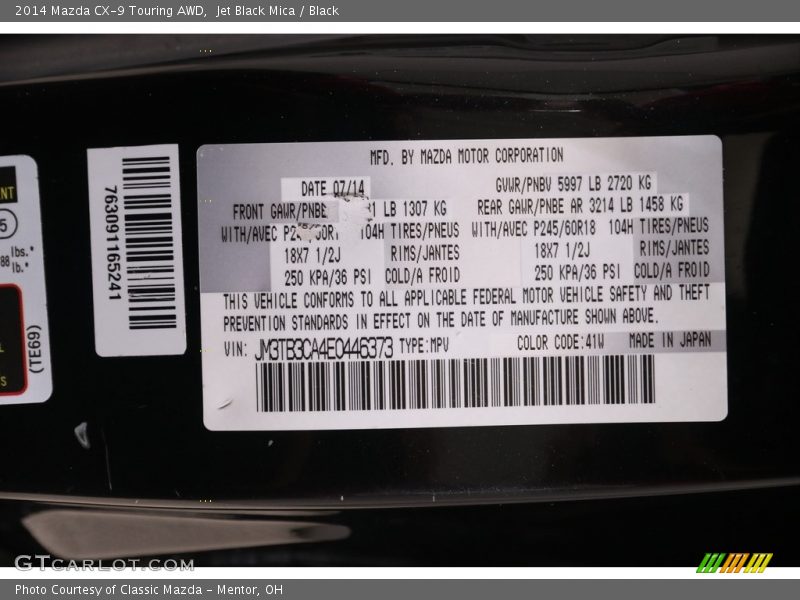 2014 CX-9 Touring AWD Jet Black Mica Color Code 41W